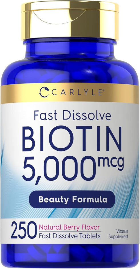 Carlyle Biotin 5000mcg, 250 Fast Dissolve Tablets, Vegetarian, Non-GMO, Gluten Free Supplement