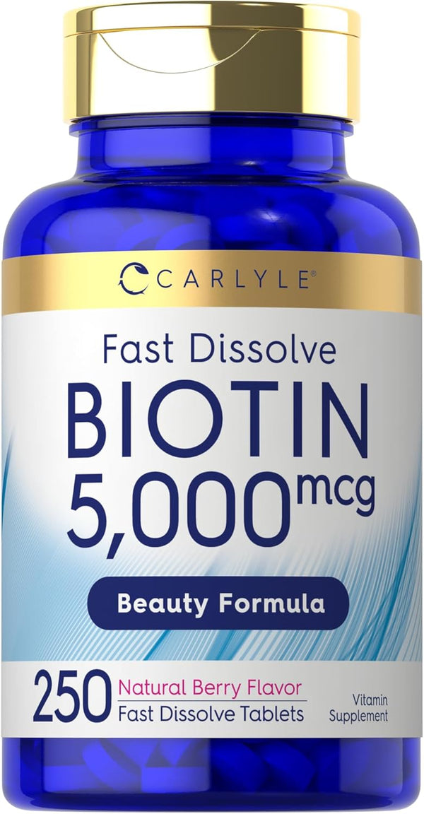 Carlyle Biotin 5000mcg, 250 Fast Dissolve Tablets, Vegetarian, Non-GMO, Gluten Free Supplement