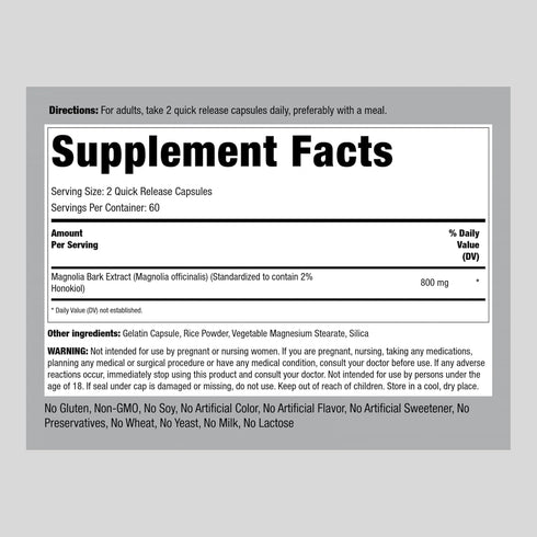 Piping Rock Magnolia Bark Extract 800mg | 120 Capsules | Standardized Herbal Supplement | with Honokiol | Non-GMO, Gluten Free
