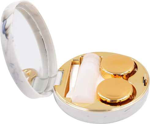 Honbay Fashion Marble Contact Lens Case, Portable Box Kit with Mirror (Round) (Gold)