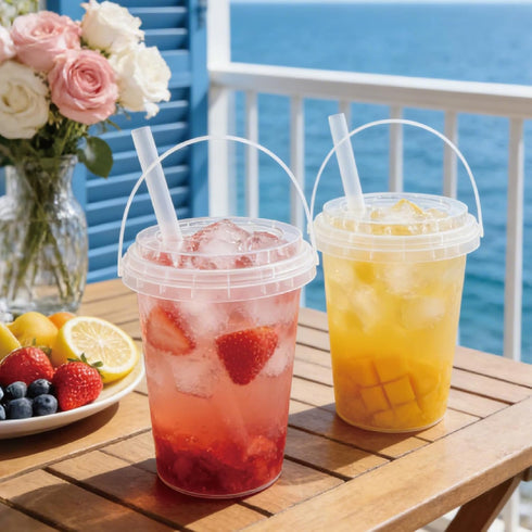 TTzycc 30 Sets 34 oz Drink Buckets with Lids and Straws, Reusable Clear Plastic Party Cups for Iced Coffee, Smoothies