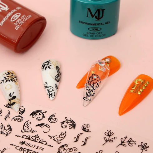 Flower Nail Stickers for Nail Art, 3D Self Adhesive Black Flower Leaf Nail Designs, 48 Styles for Women