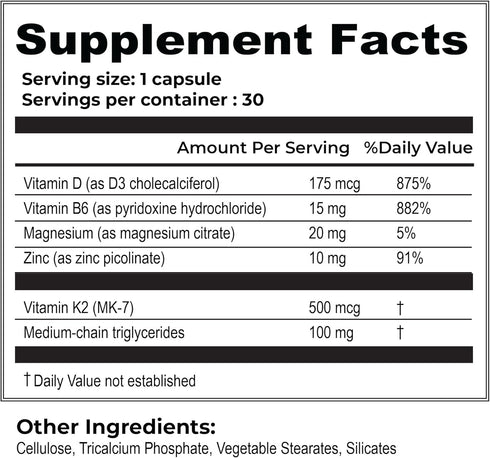 Vitamin D3 + K2 - Bone Health & Immune Support - 7000 IU(175 MCG)D3 + 500 MCG K2 - Cofactors B6, Magnesium & Zinc - Gluten Free, Vegan, Non-GMO - Dietary Supplement - 30 Veggie Capsules