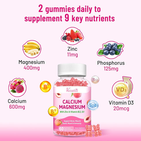 2 Pack Calcium Magnesium Zinc Gummies with Vitamin D3 & B12, Sugar Free, Vegan Peach Flavor Calcium Supplements for