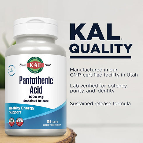 KAL Pantothenic Acid 1000mg, Sustained Release Vitamin B5, 100 Tablets, 60-Day Guarantee