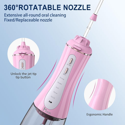 MOCEL Cordless Water Dental Flosser, 5 Modes Oral Irrigator with USB C Rechargeable, IPX7 Waterproof (Pink)