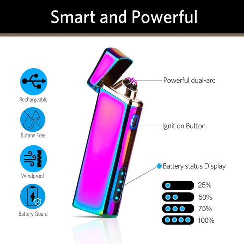 Electric Arc Windproof Plasma Lighter, USB Rechargeable with Upgraded Battery Indicator - Multichrome