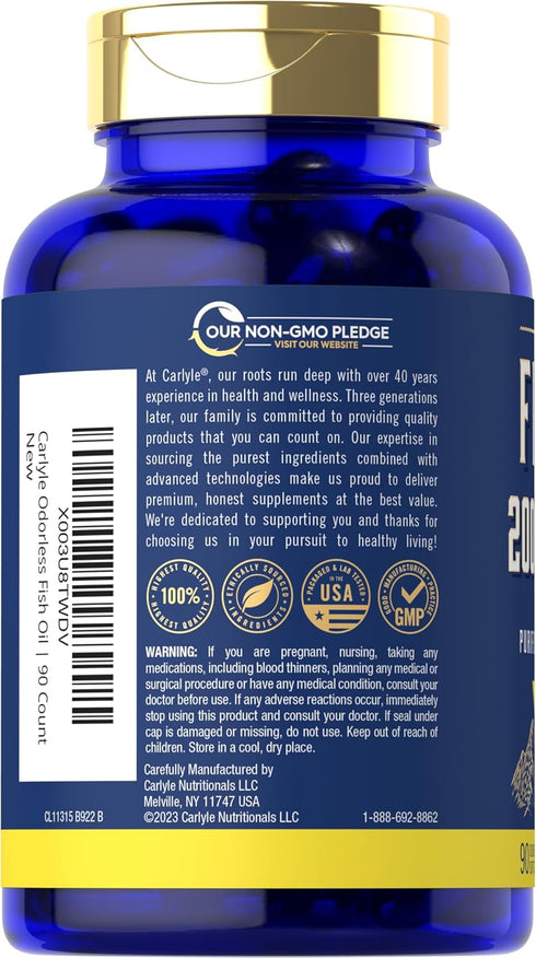 Carlyle Fish Oil 2000mg - 600mg Omega 3 with EPA & DHA, 90 Odorless Softgels, Lemon Flavored Supplement, Non-GMO &