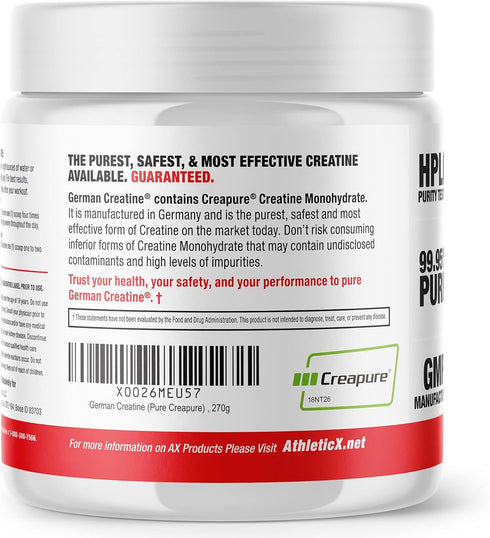 German Creatine - Pure Creapure Micronized Creatine Monohydrate Powder, 270g (54 Servings), 99.99% Purity