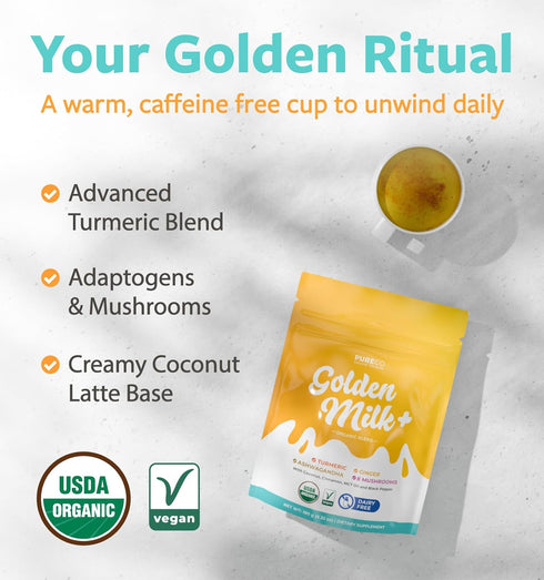 Immune (60 Golden Milk Powder Organic Blend - Adaptogenic Turmeric Latte with Ginger Ashwagandha & Mushroom Complex