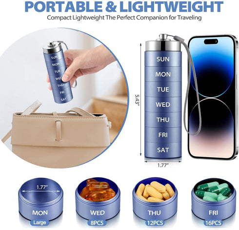 OUVBTX 7 Metal Weekly Pill Organizer, Large Travel Pill Box, Portable Aluminum Alloy Waterproof Container, Day Daily