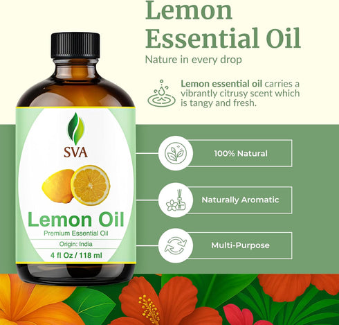 SVA Lemon Essential Oil – 4 Fl Oz – 100% Natural for Diffuser, Hair Care, Skin Care, Aromatherapy, with Dropper