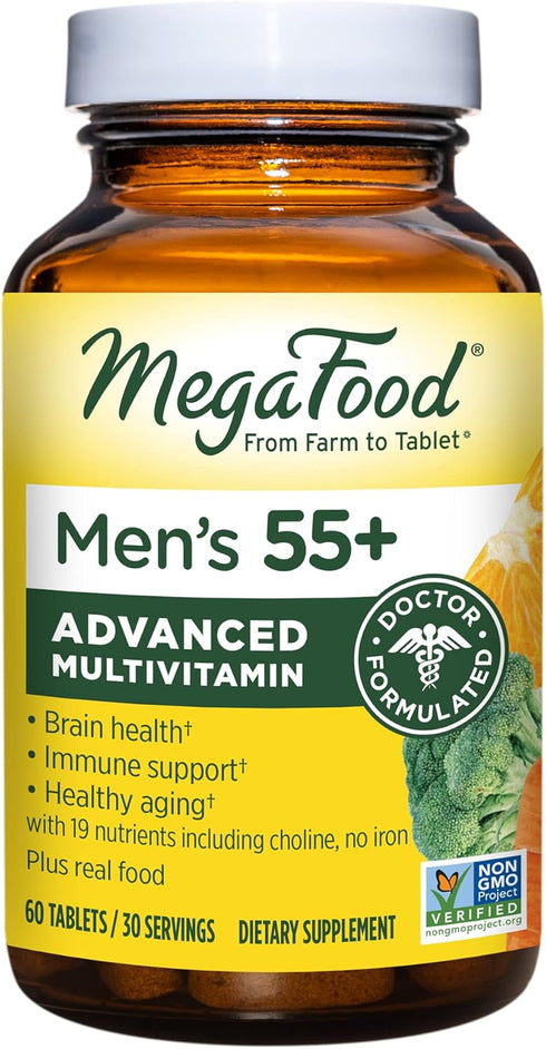 MegaFood Men's 55+ Advanced Multivitamin - Doctor-Formulated, Choline, Vitamin D, B12, 60 Tabs (30 Servings)