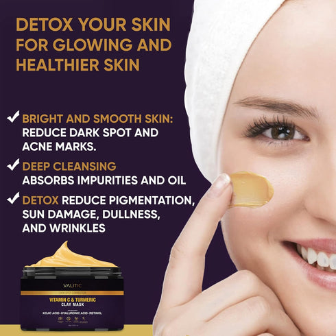 VALITIC Vitamin C & Turmeric Clay Mask, Dark Spot Corrector with Kojic Acid, 100g Skin Care Routine