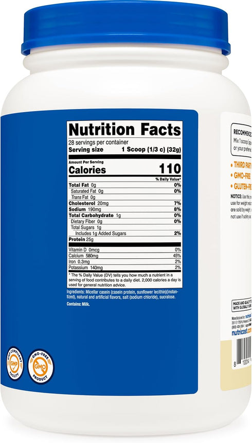Nutricost Casein Protein Powder - 2lb Vanilla, Micellar Casein, Gluten Free, Non-GMO