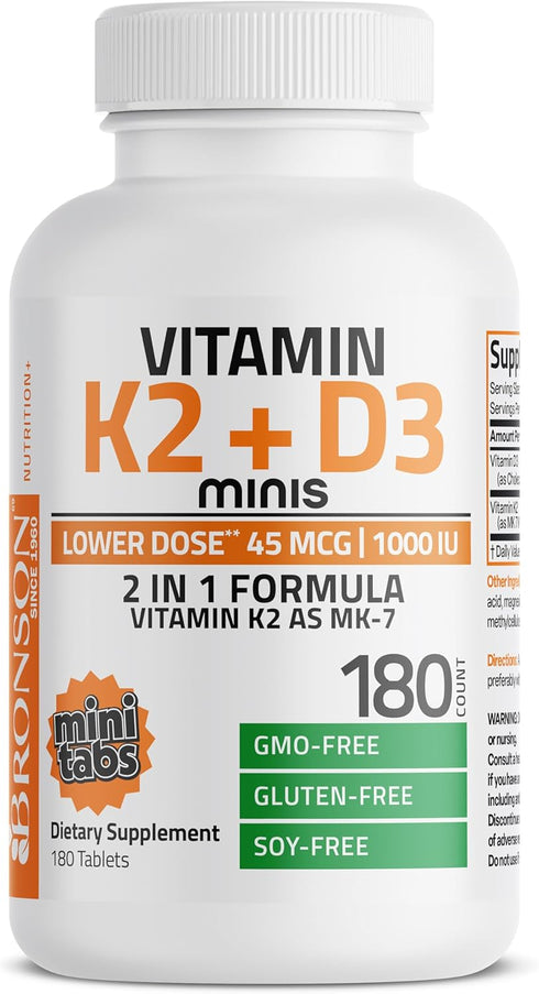 K2 (MK7) D3 45mcg K2 1000 D3 2 1 180 Bronson Vitamin with Lower Dose Vitamin & IU Vitamin Easy to Swallow Daily