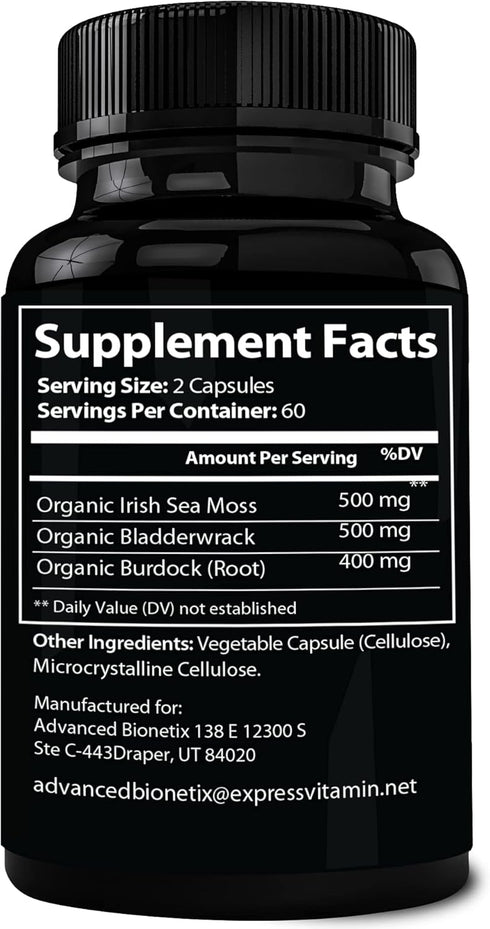 Organic Irish Sea Moss Capsules, Raw Wildcrafted Seamoss with Bladderwrack & Burdock Root, 120 Pills