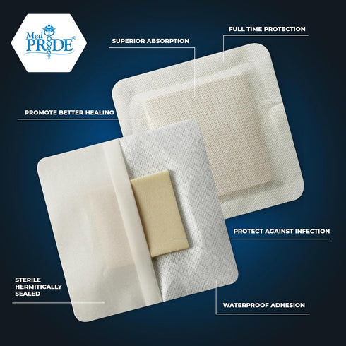 MED PRIDE Sterile Waterproof Silicone Foam Dressing with Adhesive Border, Absorbent Bandage (4x4 Inch, Pack of 10)