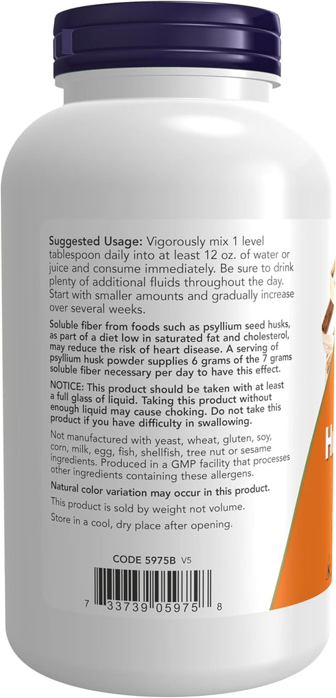 NOW Supplements Psyllium Husk Powder | 12-Ounce - Non-GMO Project Verified, Soluble Fiber