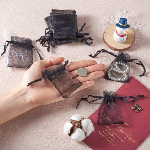 Pandahall 100pcs Black Organza Mini Pouch Bags with Ribbons - Drawstring Gift Bags (1.96x2.75")(5x7cm)