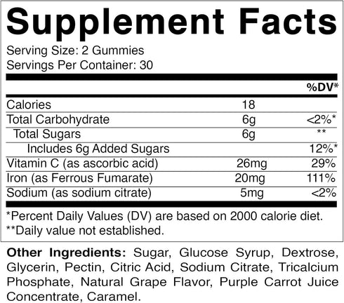 Vitamatic Iron Gummies Supplement - 60 Vegan Gummies for Women & Men, 20mg Serving with Vitamin C