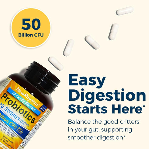 NewRhythm Probiotics 50 Billion CFU 20 Strains, 60 Veggie Capsules, Stomach Acid Resistant, Non-GMO, Gluten Free