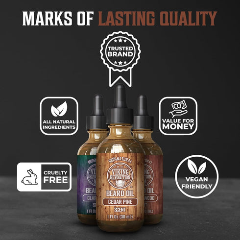 Viking Revolution Beard Oil for Men, 3 Pack Natural Variety Set - Sandalwood, Pine, Cedar, Clary Sage
