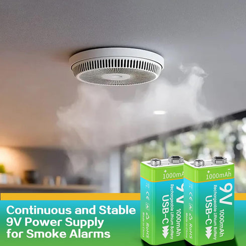 volkate 9V 4 Pack 1000mAh 9 6F22 Rechargeable Batteries for Smoke Detector, Volt Lithium Square Battery with USB-C