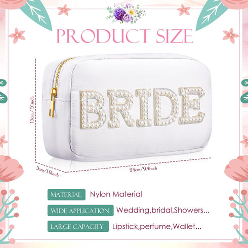 Nylon Bride Makeup Bag Cosmetic Travel Toiletry Bag Large Engagement Gift Bag Pearl Rhinestone Letter Patch Bride Pouch Bride Gifts for Bachelorette Party Women Wedding Bridal Shower (White, Hair)