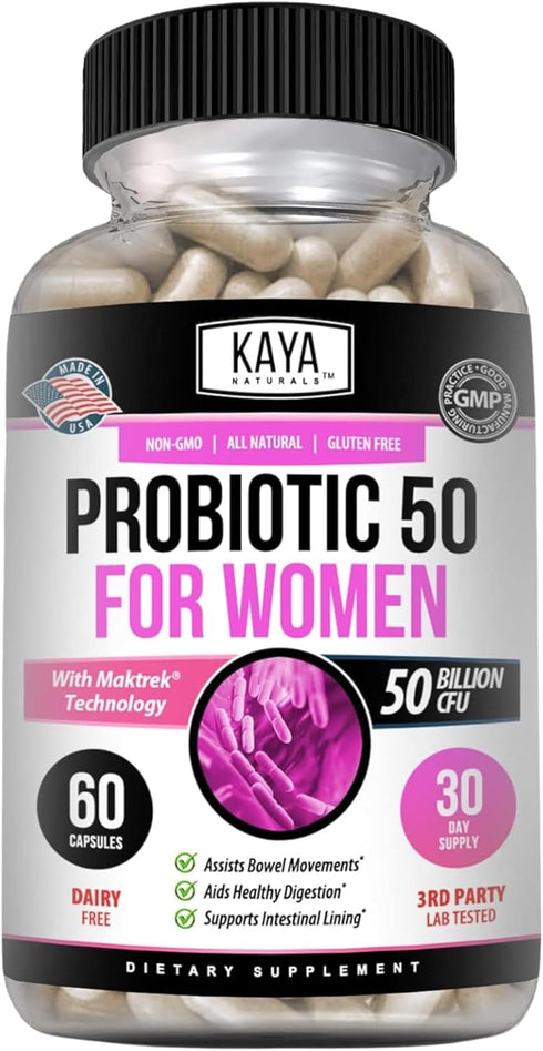 Kaya Naturals Probiotic 50 Billion CFU | 60 Vegetable Capsules for Women, Men, Gut Health & Immune Support