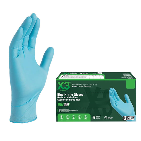 X3 Blue Nitrile Disposable Industrial Gloves, 3 Mil, XX-Large, Box of 100, Latex/Powder-Free