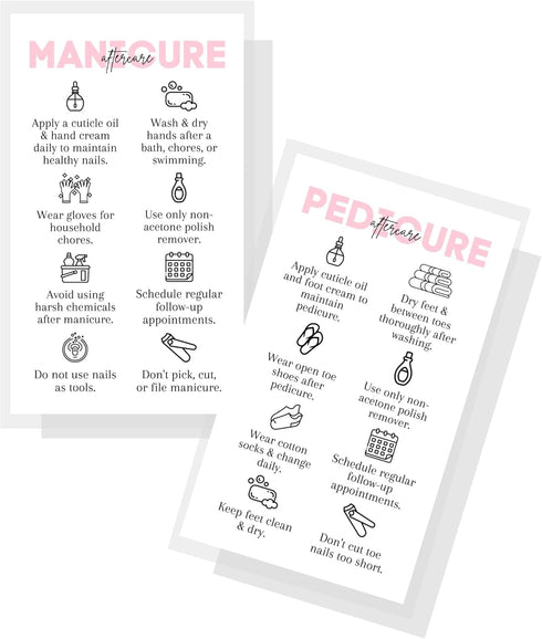 Manicure and Pedicure Aftercare Client Instruction Cards, Nail Salon 50 pk, Minimalist Pink for Nail Techs