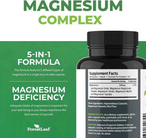 ForestLeaf Magnesium Complex 500mg Capsules - Magnesium Supplement for Sleep & Constipation - 120 Ct for Women