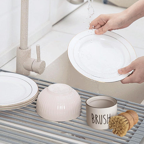 ONTUBE Ceramic Dish Brush Holder, Farmhouse Scrub Brush Holder Dishwashing Brush Stand, Soap Dispensing Kitchen Brushes