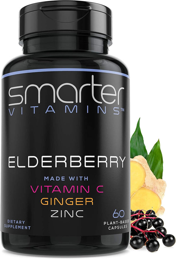Smarter Elderberry Capsules + Vitamin C + Ginger & Zinc, Herbal Supplement, Powerful Black Elder Berry Extract, 60