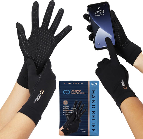 Copper Compression Full Finger Arthritis Gloves - XL - 1 Pair - Touch Screen Fingertips, Pain Relief
