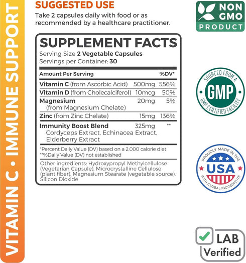 Immune Support Supplement, 60 Vegetarian Capsules, Elderberry Vitamin C, Zinc, Vitamin D, Magnesium, Echinacea,