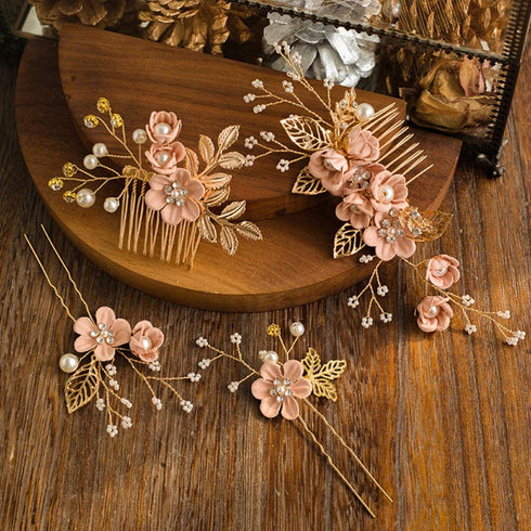 NUOBESTY 4Pcs Wedding Hair Clip Comb, Handmade Pearl Floral Leaf Hair Accessories for Women (Pink)
