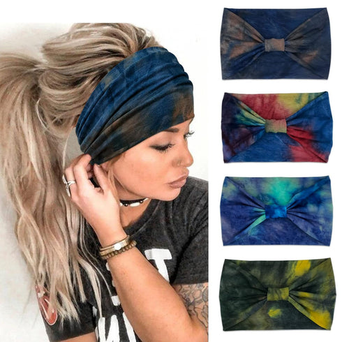 Wide Knotted Headbands for Women, African Womens Hair Wraps Tie Dye 4 Pack Stretchy Accessories