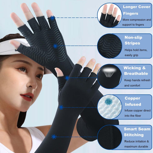 Copper Long Arthritis Gloves, Extra Long Compression Glove for Pain Relief, Fingerless (Medium)