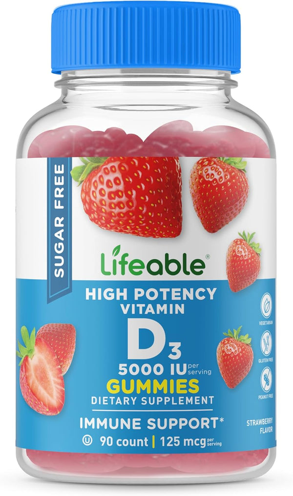 Lifeable Sugar Free Vitamin D, 5000 IU, 90 Gummies, Great Tasting Natural Flavor for Immune Support