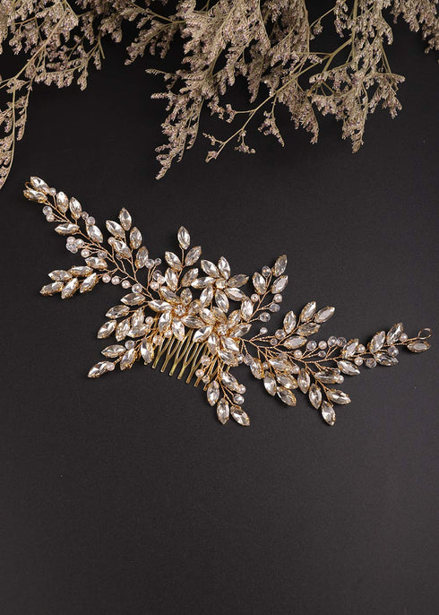 Women Large Hair Comb Silver Bridal Rhinestone Crystal Flower Wedding Hair Accessory Pearl Party Headpiece for Bride Bridesmaid Girls (Gold)