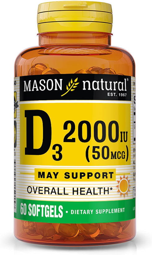 MASON NATURAL Vitamin D3 50 mcg (2000 IU) | 60 Softgels | Supports Overall Health, Strengthens Bones and Muscles