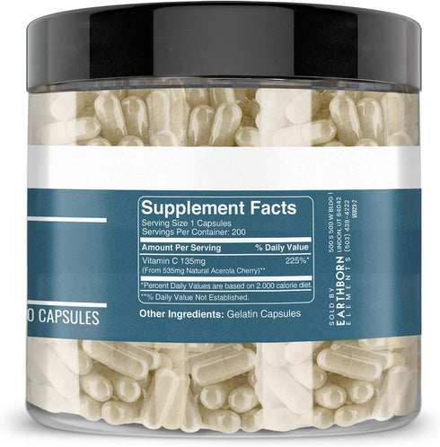 Earthborn Elements Acerola Cherry 200 Capsules, Pure & Undiluted Herbal Supplement, No Additives