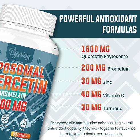 1600 MG Quercetin Phytosome Supplement with Bromelain, Zinc & Vitamin C - 60 Softgels for Immunity