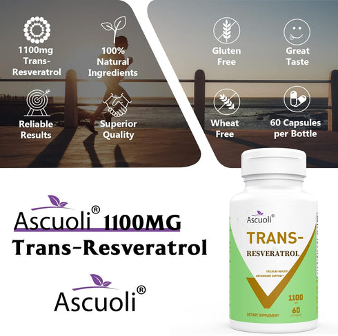 99% Ultra Purity Ascuoli Trans-Resveratrol 1100mg, 3-in-1 Organic Resveratrol Supplement for Antioxidant & Immune