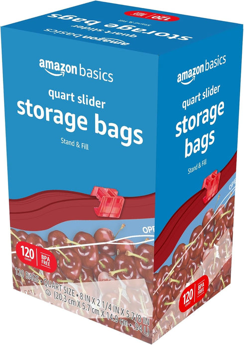 Amazon Basics Slider Quart Food Storage Bags, Stand & Fill, 120 Count Pack