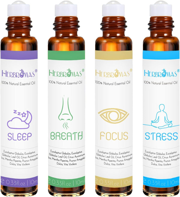 Aromatherapy Oils Roller Set - Natural Pre-diluted Essential Oils Roll On with Glass Rollerball, Relaxation Gift, Pack