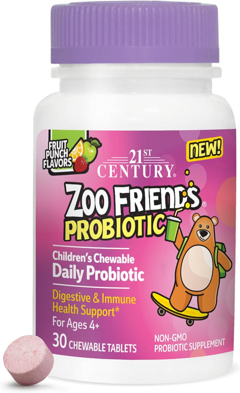 21st Century Zoo Friends Probiotic Chewable - 30 Count, Fruit Punch Flavors for Kids