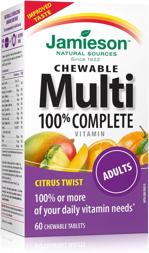 Jamieson 100% Complete Chewable Multivitamin for Adults, Citrus Twist, 60 Chewable Tablets